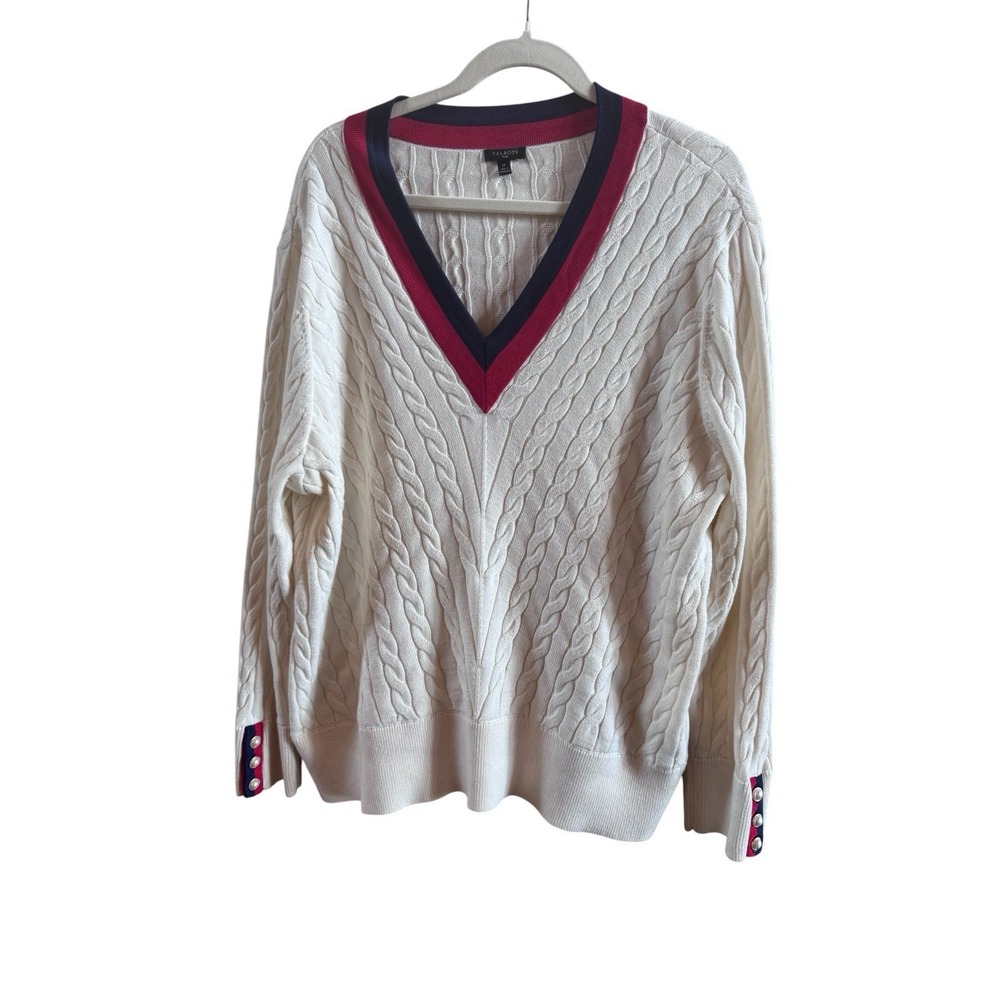 Talbots Cream V Neck Cable Knit Sweater Sz 2X Navy Blue Red Striped Trim Preppy